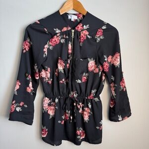 Stella Tweed 1/2 Zip Floral‎ Long Sleeve Satin Peplum Blouse Black Elastic Waist
